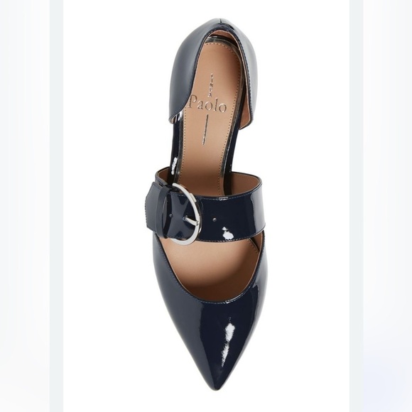 Paolo Shoes - Linea Paolo Dean Navy Patent Leather Pointy Mary Jane Flats Buckle d'Orsay 6.5M